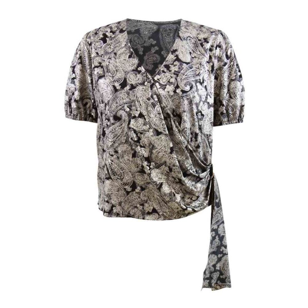 MICHAEL Michael Kors Women's Plus Metallic Paisley-Print Wrap Top (2X, Bone)